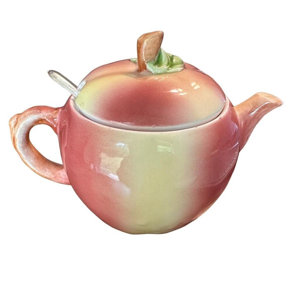 Vintage Lefton H6973 Sugar Bowl with lid & Spoon Apple Japan Collectible Kitchen